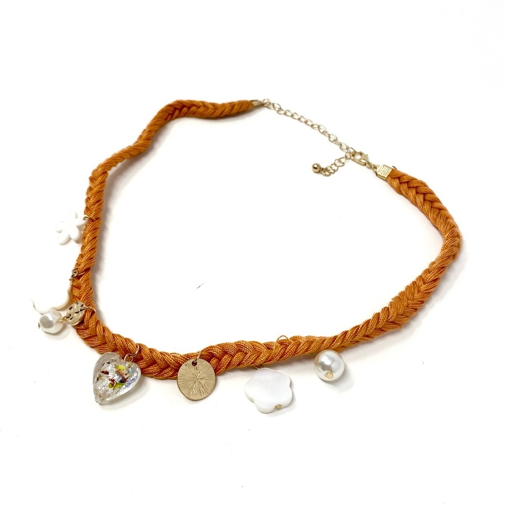 New Free People Orange Textile Charm Beaded Necklace Choker